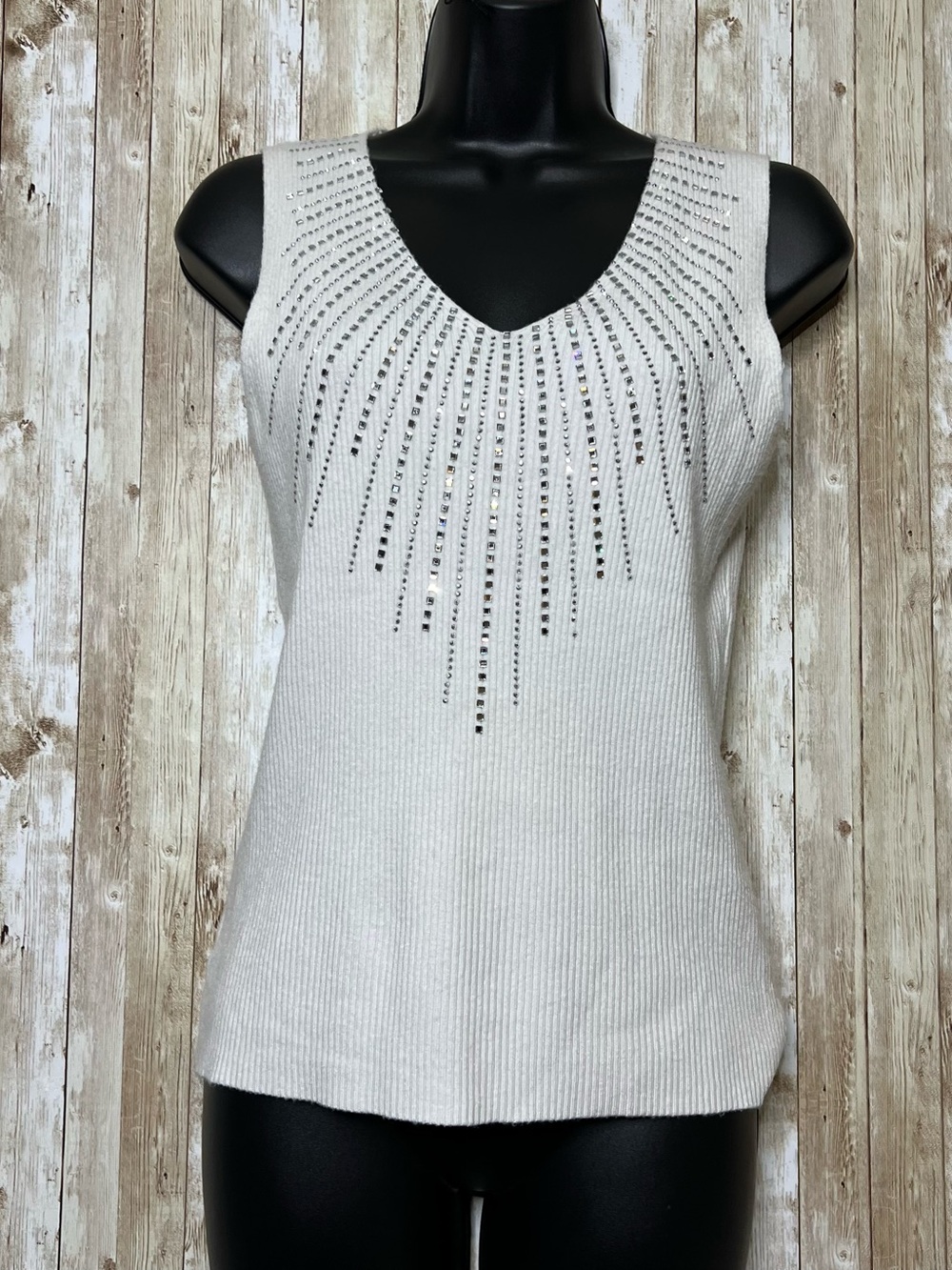 White rhinestone embellished   V-Neck Knit Tank Size S